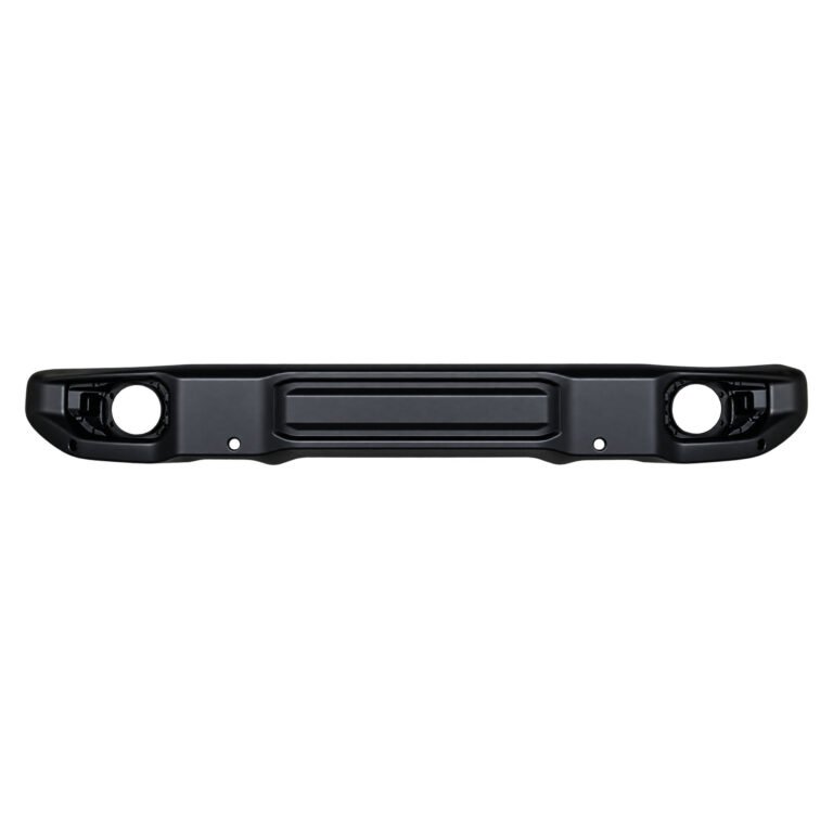 Wrangler front bumper with a long recessed centre, shaped outer ends and large circular openings on either side