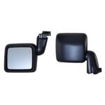 Wrangler door mirror shown from glass and housing sides with a rectangular head and curved mounting arm