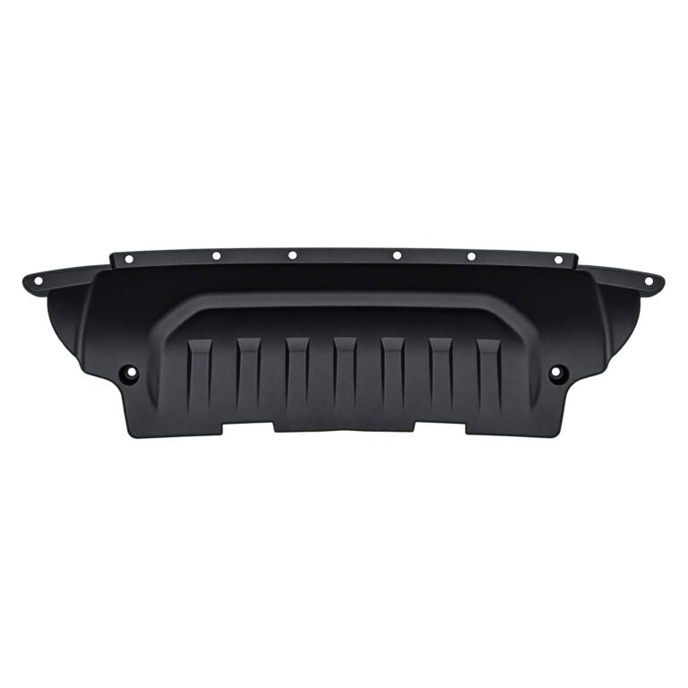 Wrangler front bumper air deflector with vertical central ribs, a long perforated upper flange and two lower-edge notches