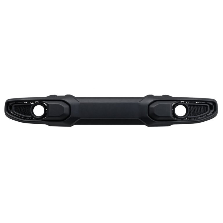 Wrangler front bumper with a broad central face, round end openings and patterned outer sections