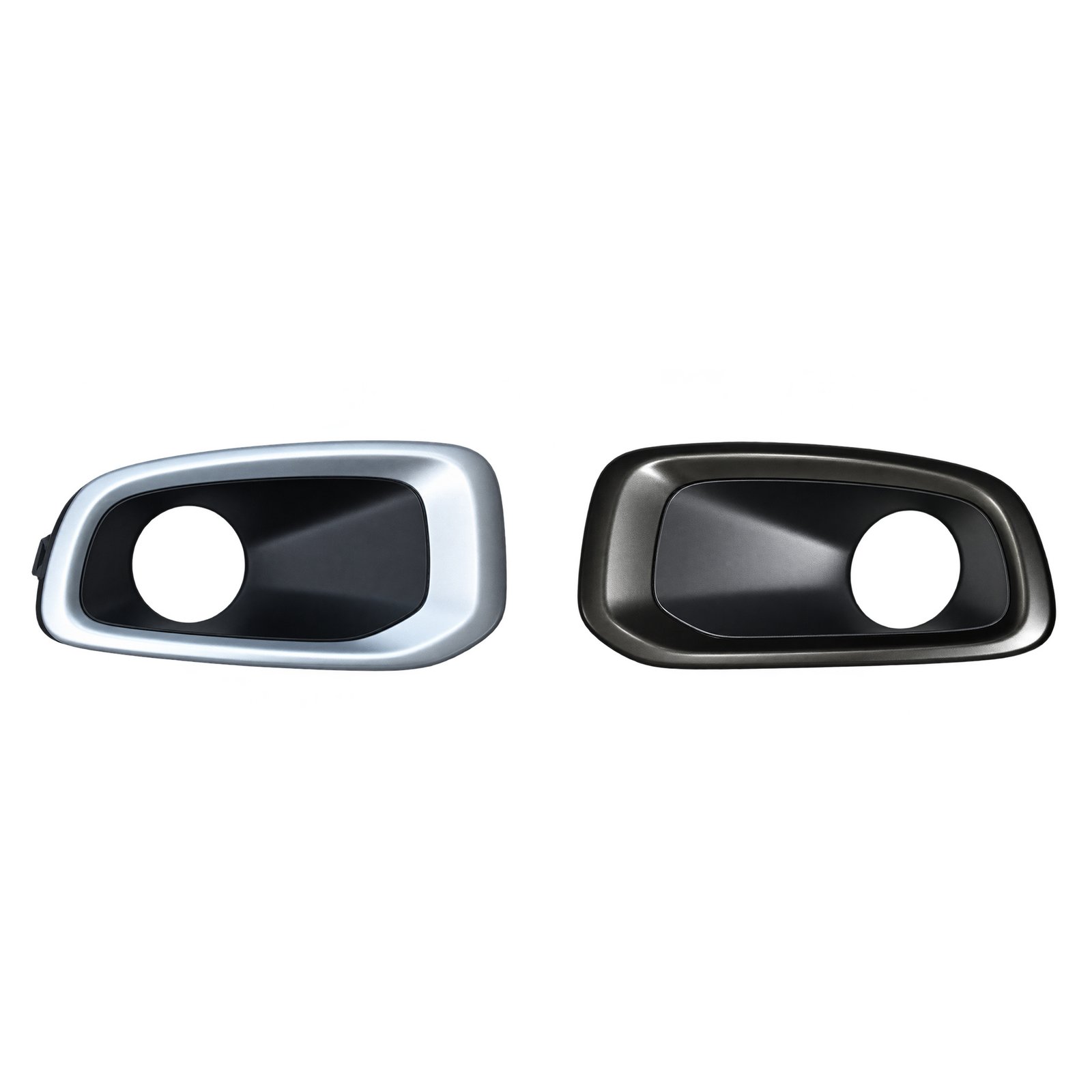 2016 Renegade Front Fog Lamp Bezel Renegade fog lamp bezels with silver-looking and dark borders around offset circular openings