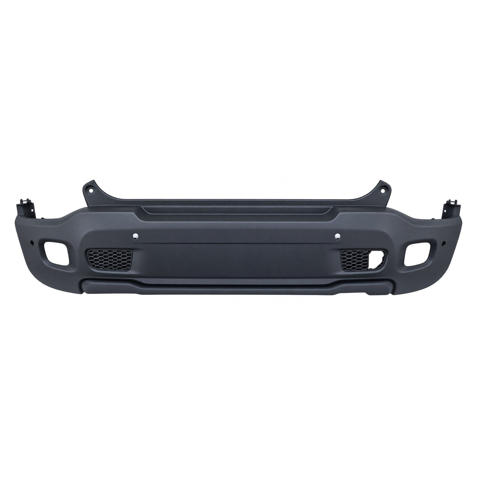2016 Renegade One-Piece Rear Bumper — Lower-Equipment Renegade one-piece rear bumper cover with honeycomb sections, rounded corner apertures and several round face openings